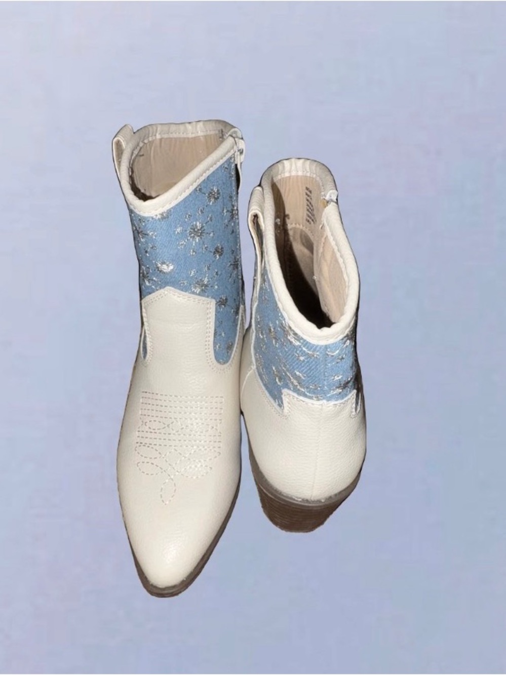 Women's White and Light Blue Embroidered Western Ankle Boots